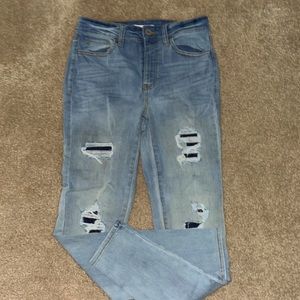 blue/grey ripped patched jeans